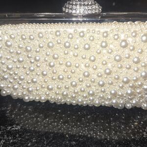 Pearl-Embellished Ivory Evening Clutch - Elegant Women's Bag